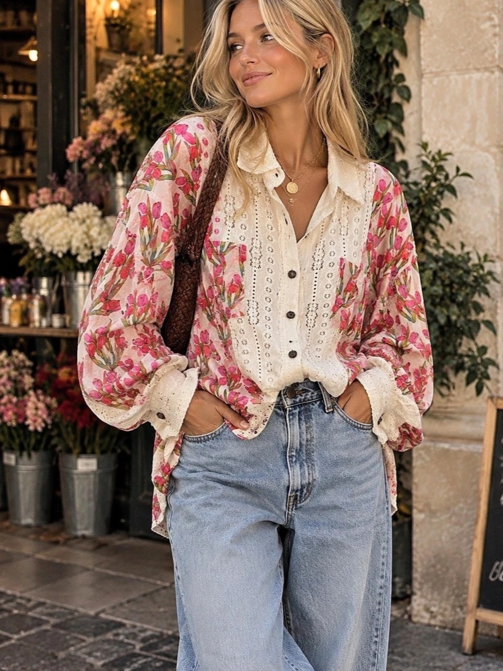 So pretty!!! POL Floral Print Lace Semi Seer Button Up Long Sleeve Shirt Button